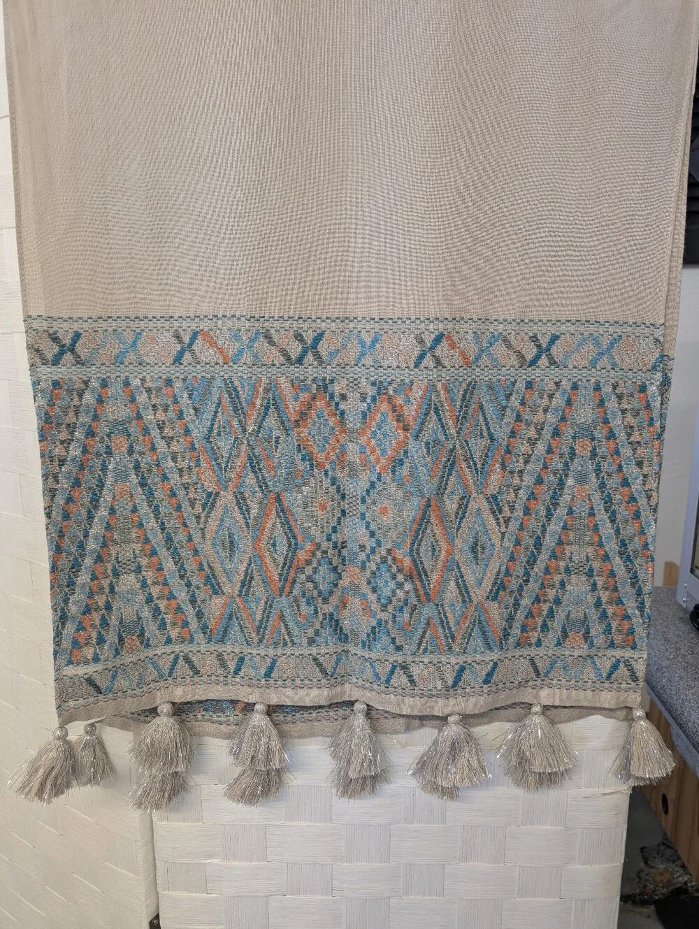 J. Crew Wrap Scarf Bohemian Style  Beige Turquoise Orange Silver Tassel NWT